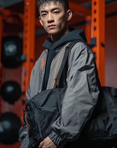 Super handsome model carrying customized high-end nylon travel bag