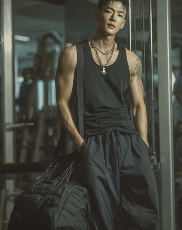 Male model carrying customized high-end nylon travel bag at the gym