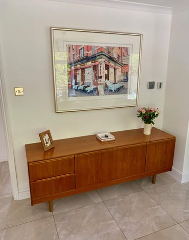 Morris of Glasgow Mid-Century Modern sideboard with classic Scottish design and restored vintage teak finish.