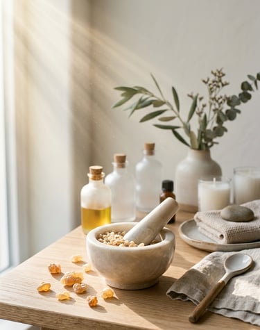 frankincense resin in pestle