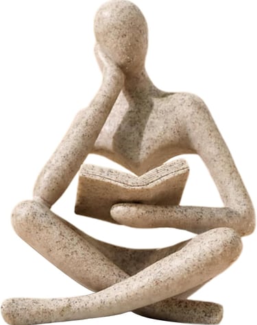 Abstract sandstone thinker statue reading a book, modern minimalist home decor figurine.