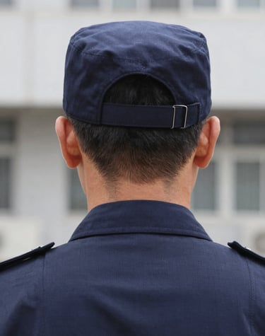 A security guard in royal blue uniform attentively monitoring a modern office entrance.