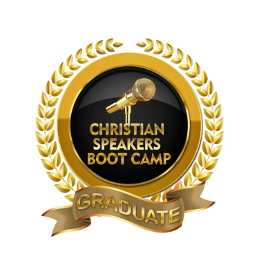 Gold Christian Speakers Boot Camp graduate emblem with a microphone and laurel wreath on a black background.