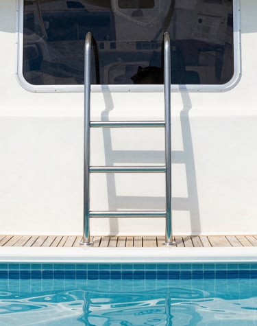 A panoramic shot of a luxury yacht deck featuring premium marine lighting casting a soft glow at dusk.