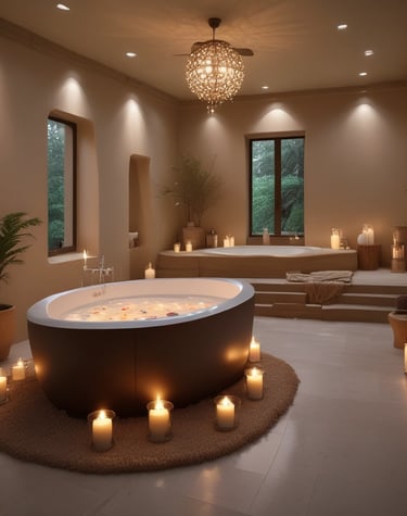 a spa room with a large tub and candles