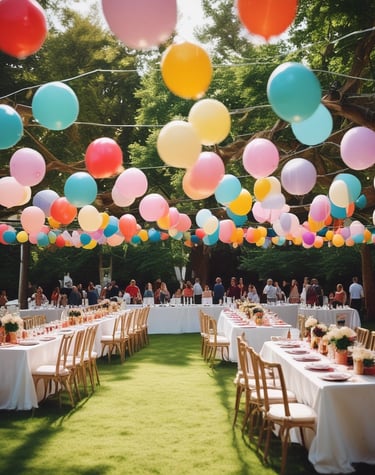 A joyful family gathering celebrating a graduation with vibrant banners and festive details.