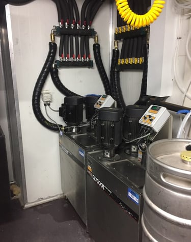 Lancer Glycool beer cooling system with insulated lines and pumps in a commercial draft setup.