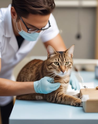 A person is grooming a dog inside a pet grooming studio. The room is dimly lit, with various grooming tools visible on a nearby table. A large window shows the outside, where parked cars can be seen. A cage is present, containing items related to pet care.