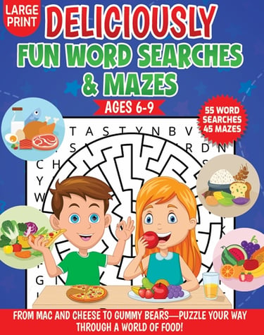 kids word search food mazes ages 6 to 9 deliciously fun large print puzzle book liora onyx cover