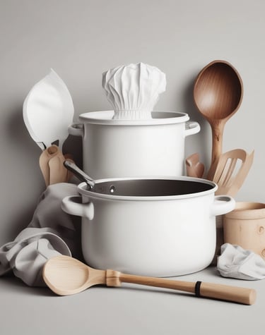 a cooking pot with a chef hat and cooking utensils