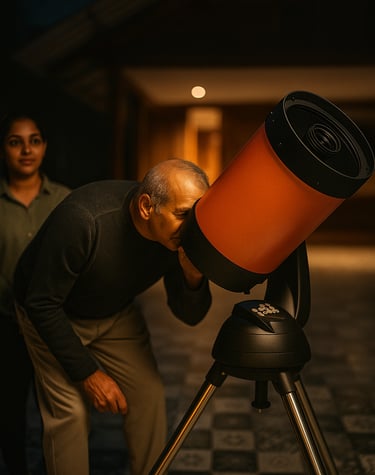 A guest enjoying a guided stargazing session in Kaziranga National Park, looking through a telescope