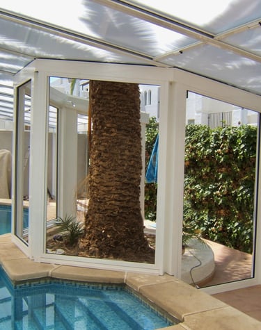 Cerramiento de piscina con árbol.