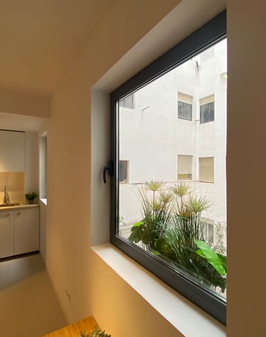 Ventana negra de grandes dimensiones.
