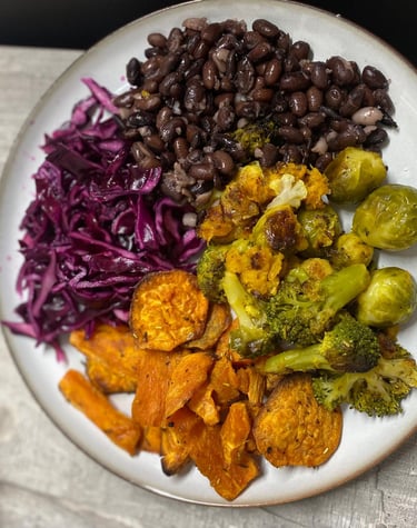 a plate of food with beans and vegetables