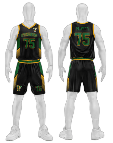 a male basketball player's uniform with a green and yellow jersey