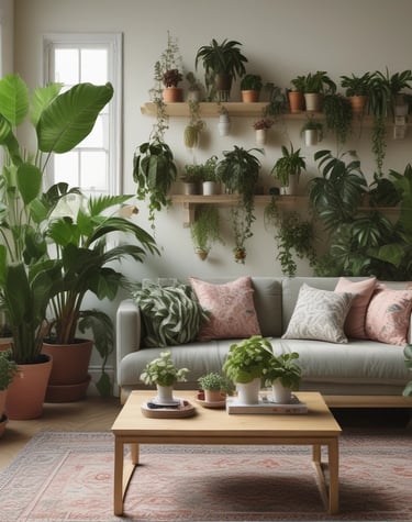 A laptop screen displaying the Pinterest website. The web page shows various home decor ideas with images of decorative items and interiors. The laptop is placed on a wooden surface in a room with plants and modern furniture in the background.