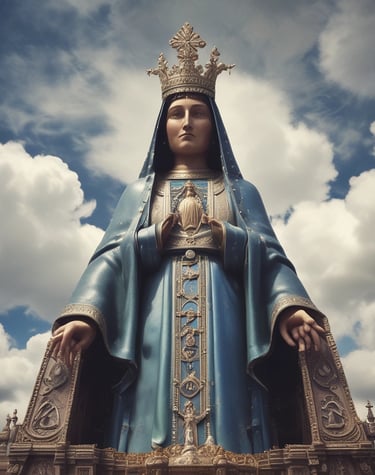 A weathered stone statue of a figure with hands clasped in prayer stands against a backdrop of lush green trees. Sunlight filters through the canopy, creating a starburst effect above the statue's head, adding a divine aura to the scene.