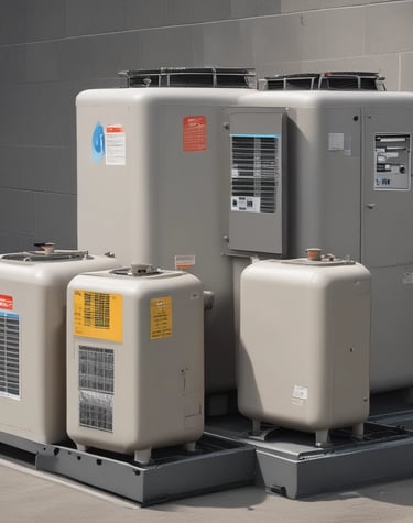An industrial setting featuring a collection of stacked air conditioning units from various brands. A tall cylinder with hoses wrapped around it stands prominently in the foreground. The setting appears to be a cluttered storage or workshop space, with a partially visible metal roller shutter door on one side.