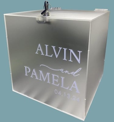 Frosted Acrylic Wedding Box with the name of alvin and pamela