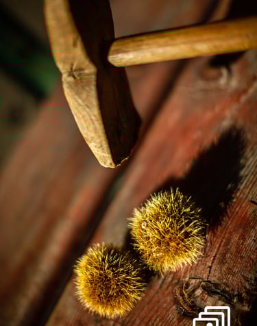 a wood hammer and chestnuts