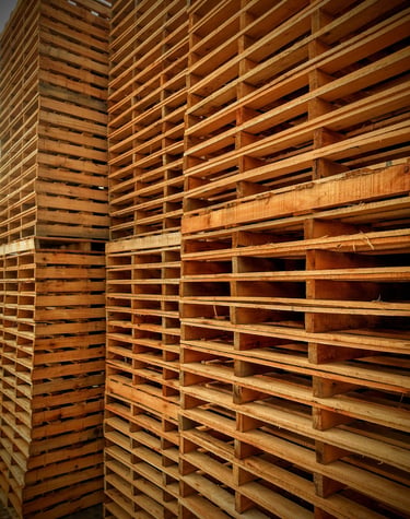 Grandes pilas de pallets de madera limpios almacenados.