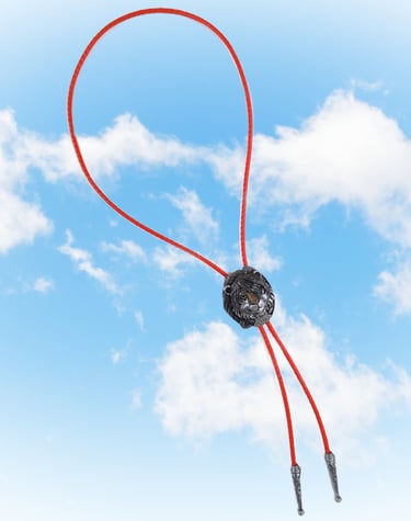 Vintage silver lion head bolo tie with a red cord floating against a blue sky background.