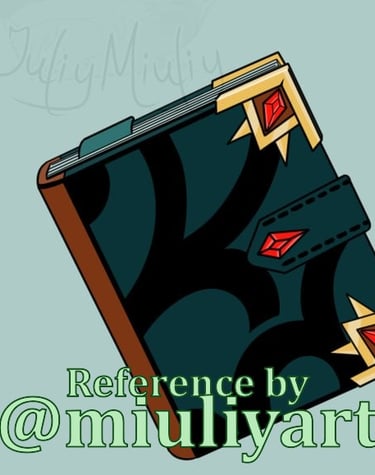 Reference for Fantasy magic spell book with dark teal cover, gold corners, and red gemstone accents.