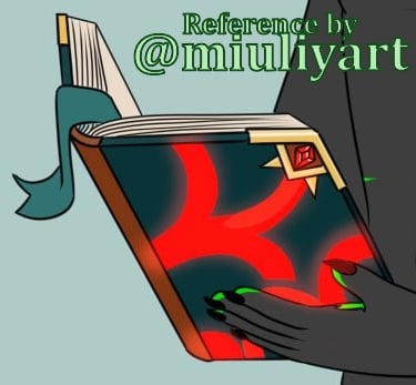 Digital art illustration of a glowing magic spell book with red runes and a teal bookmark.