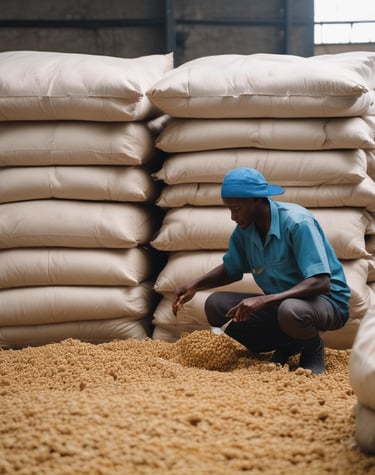 Workers in protective gear carefully sorting ginger roots on a clean table.