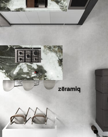 Cocina de lujo revestida en pisos, paredes y mesones con porcelanatos monolíticos