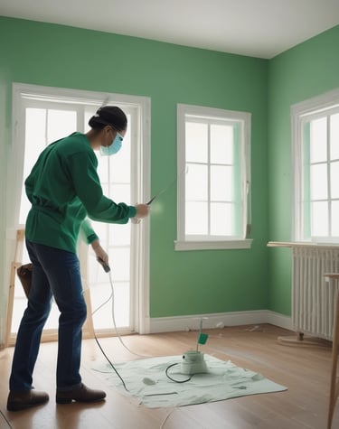 A professional painter applying a bright yellow paint on a wall.