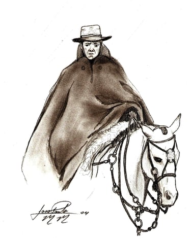 Desenho a lápis de 2004, representa o caipira e sua montaria na chuva