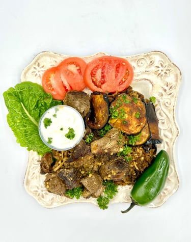 maqluba delicious seasoned rice with meat, potatoes, eggplant