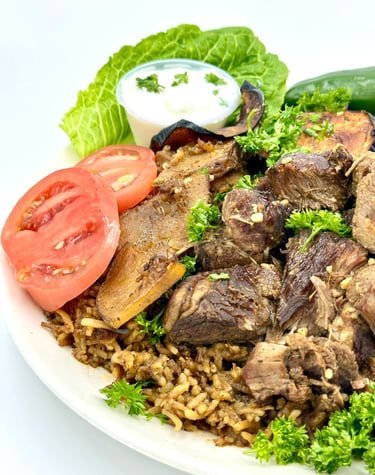 maqluba delicious seasoned rice with meat, potatoes, eggplant