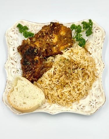 Slow roasted with chicken, rice and a slice of bread