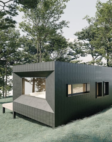 a small house with a large window and a bed