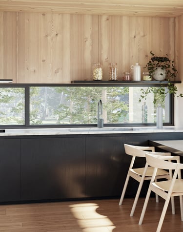 a kitchen with a wooden counter top and a window