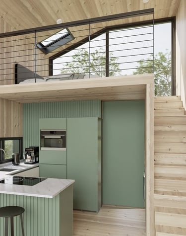 a kitchen with a staircase and a staircase leading to a loft