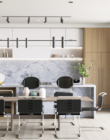 Une salle à manger avec une table en marbre et des chaises