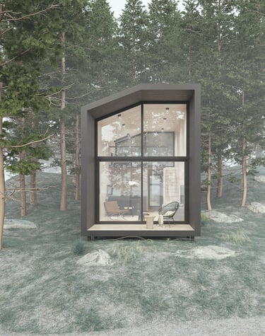 a small house with a large window and a dog