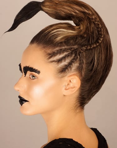 a beautiful woman with a black cat's eye makeup special scorpion hairstyle with black tail end