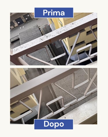 Pulizia approfondita di ringhiera metallica a Chiasso, confronto prima e dopo intervento Speed and Clean Sagl.