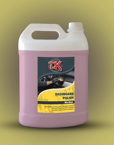 1. A gallon of car cleaner labeled "DASH BOARD POLISH" displayed prominently against a bright yellow background. 2. A gallon