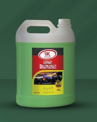 1. A gallon of DK Engine Degreaser in green packaging, set against a matching green background, ideal for engine cleaning. 2