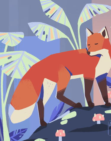 illustration renard colorée avec des palmiers 