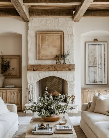 a living room with a fireplace and a couch