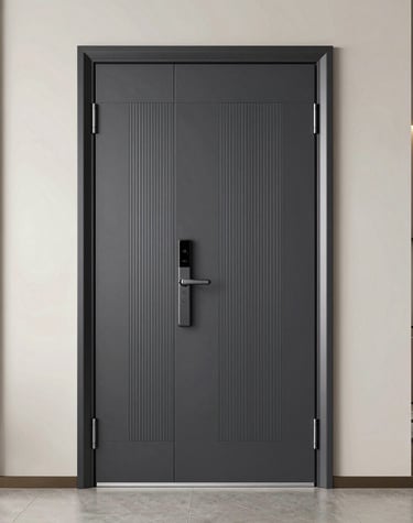 A set of security door handles and locks arranged neatly on a wooden workbench.