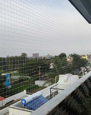Daylight view of a terrace fully covered with durable pigeon nets ensuring safety.