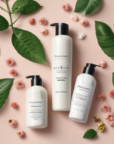 Close-up of pastel-toned skincare bottles arranged on a light wooden surface with soft natural light.