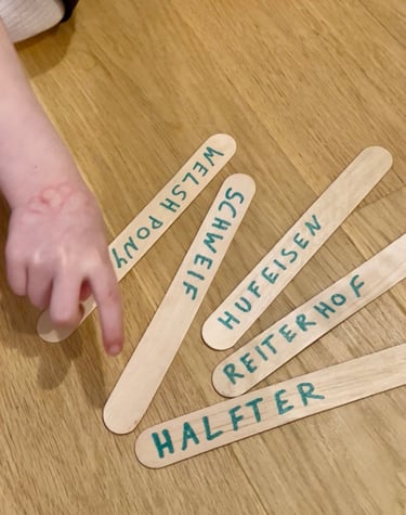 Child pointing at wooden craft sticks with horse-related German words on a floor.